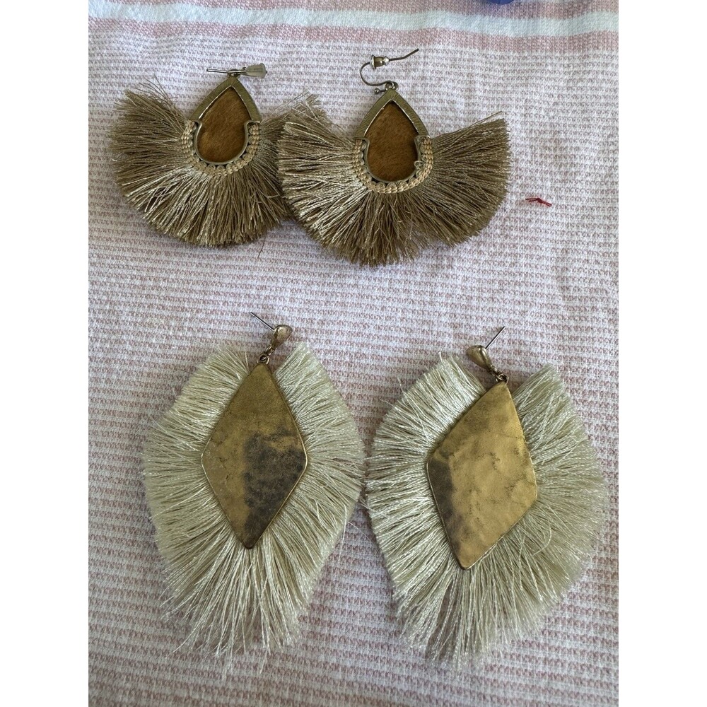 Boho Gold Tone Fringe Tassel Earrings Lot 2 Pairs Teardrop Diamond Dangle Drop